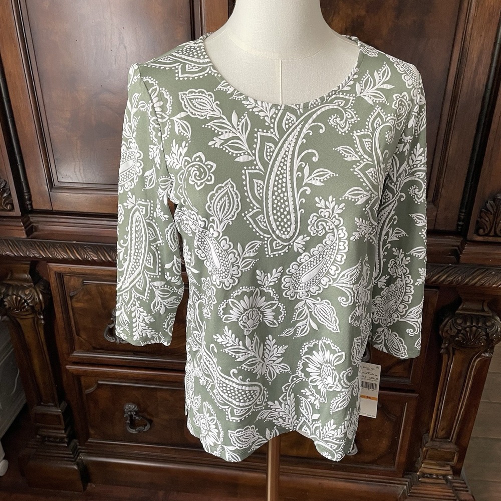 Ruby Rd Petite PS Sage Green Paisley Textured Top 3/4 Sleeve Stretch Blouse $60